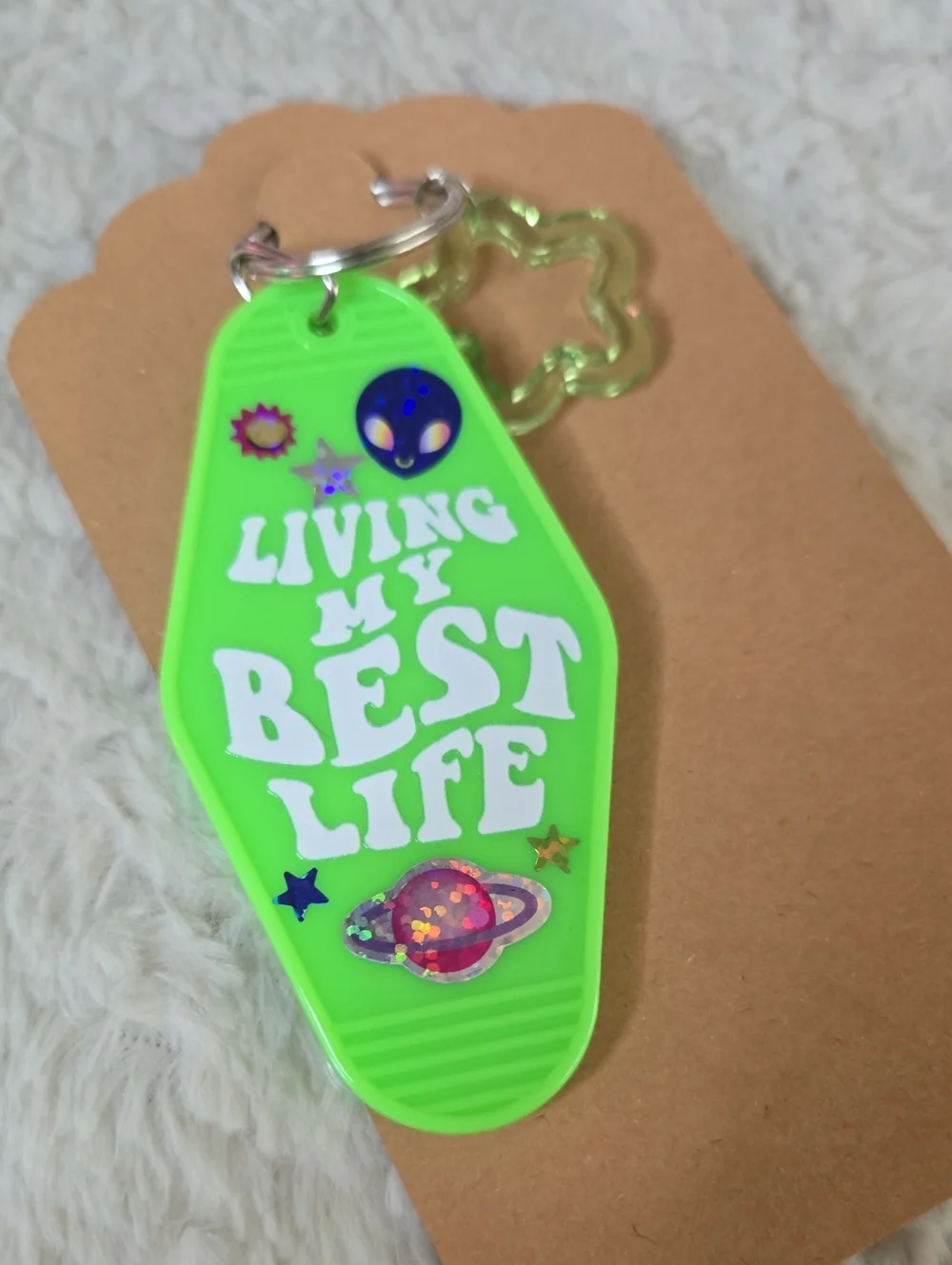 Keychain Handmade Hello Universe Green Glitter Keychain Charm - Unbranded